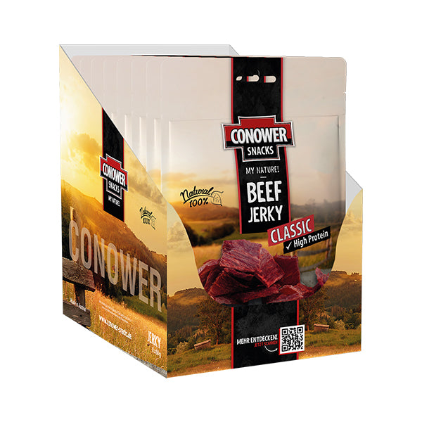 1 Karton mit Conower Beef Jerky Classic 60g Packungen