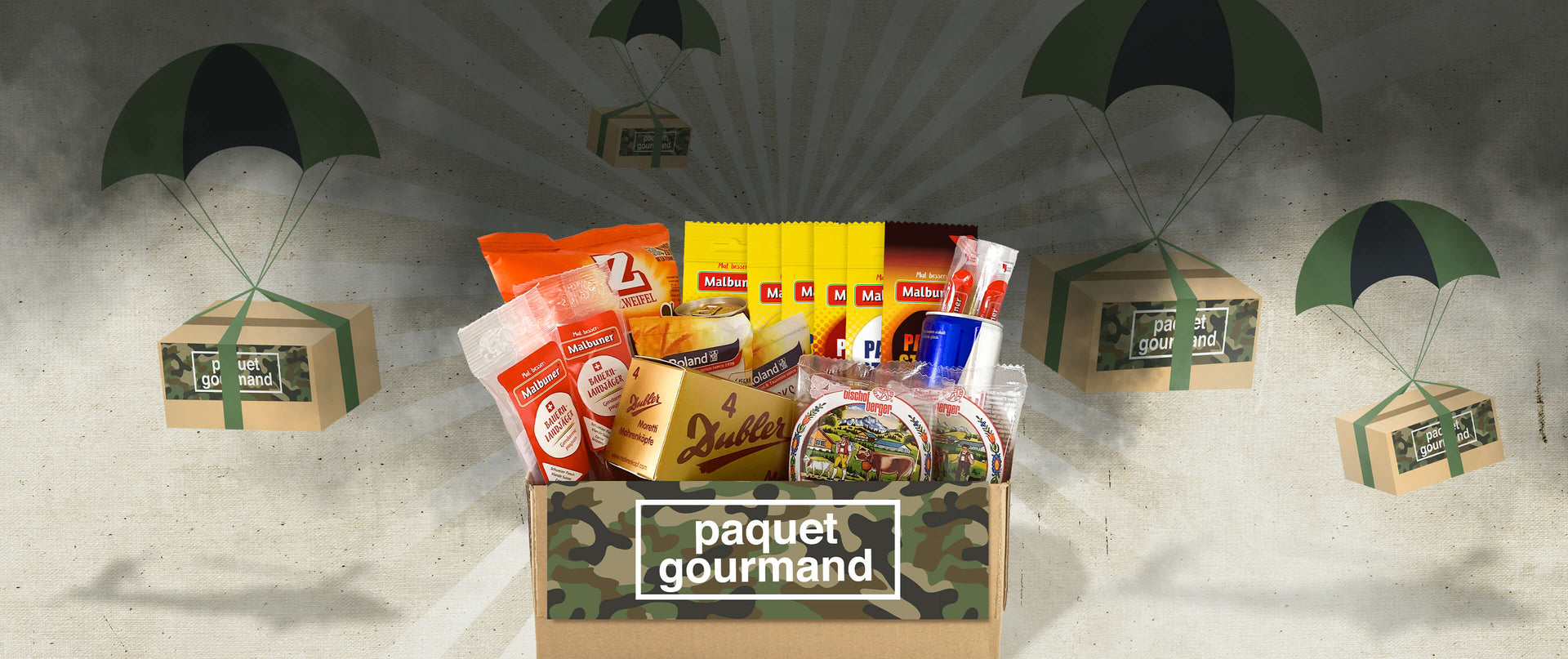 3 personnes en camoflauge avec des paquets de nourriture à la main
