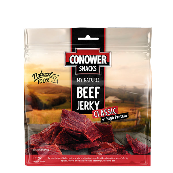 Würzige luftgetrockneten Jerky-Fleischsnacks aus premium Rindfleischstreifen. Reich an Proteinen, 100% Natural. 