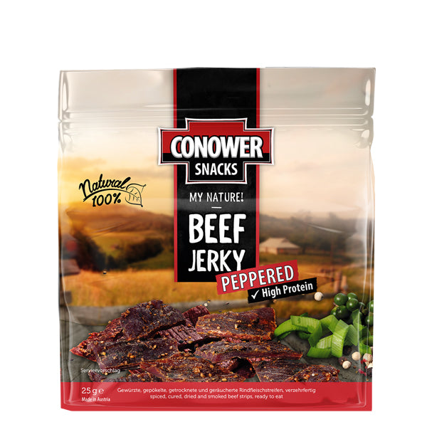 Beef Jerky Peppered ist der Favorit, für alle jene die es gern besonders scharf haben. Würzige luftgetrockneten Jerky-Fleischsnacks aus premium Rindfleischstreifen. Reich an Proteinen, 100% Natural