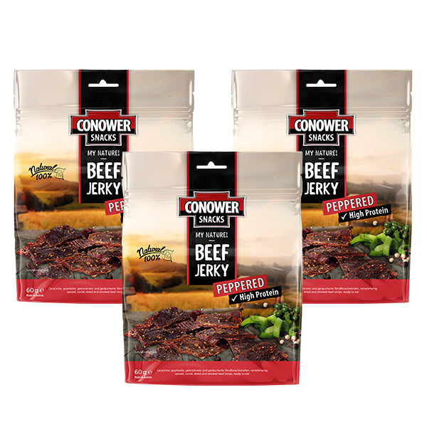 3 Packungen luftgetrocknetes Conower Beef Jerky Pepperd 60g aus europäischem Rindfleisch