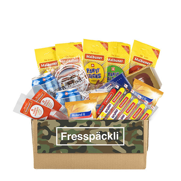 Malbuner Fresspäckli mit gratis Lieferung an Militäradresse mit vielen Köstlichkeiten
