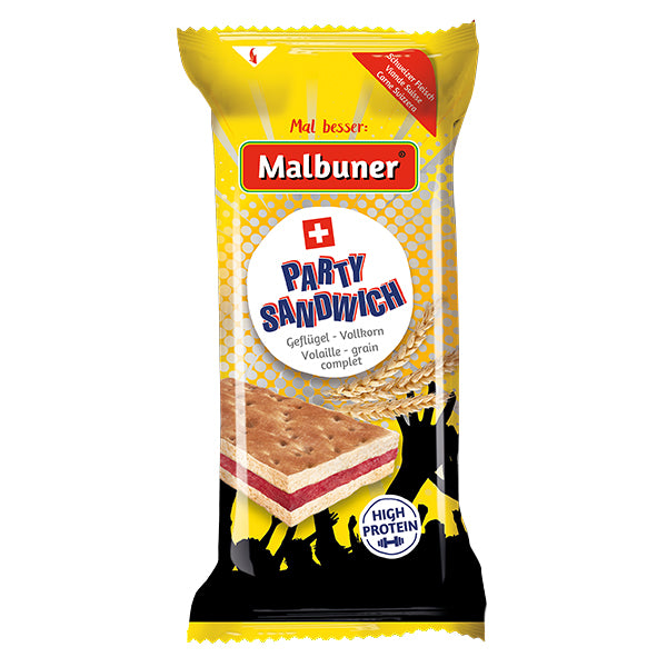 Malbuner Party Sandwich Vollkorn-Geflügel. Dezent gewürzte Geflügel Salami aus hochwertigem Schweizer Fleisch zwischen zwei leicht gerösteten Brotscheiben