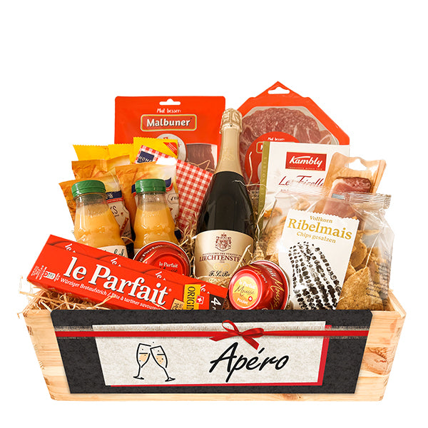 Holzkiste Apéro mit zahlreichen schmackhaften Produkten von Malbuner, le Parfait und weiteren Köstlichkeiten