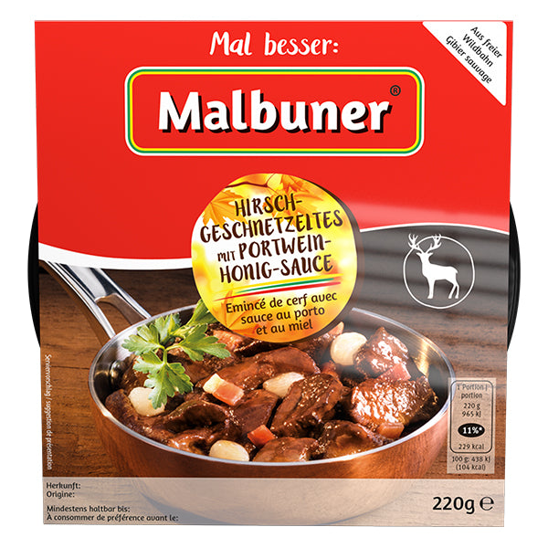 Hirschgeschnetzeltes an einer vollmundigen Portweinsauce mit Silberzwiebeln und Speck, Bienenhonig und Crene de Cassis.