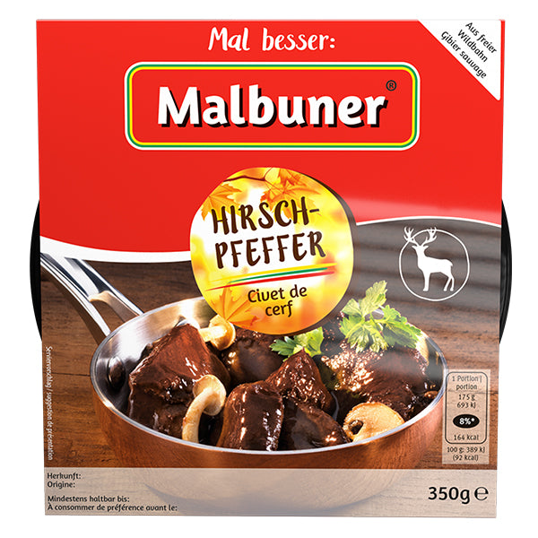 Malbuner Hirschpfeffer, traditionell marinierte Hirschwürfel in einer würzigen Rotwein / Pilz Sauce