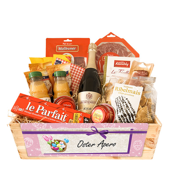 Geschenkkorb Oster Apéro mit zahlreichen schmackhaften Produkten von Malbuner, le Parfait und weiteren Köstlichkeiten