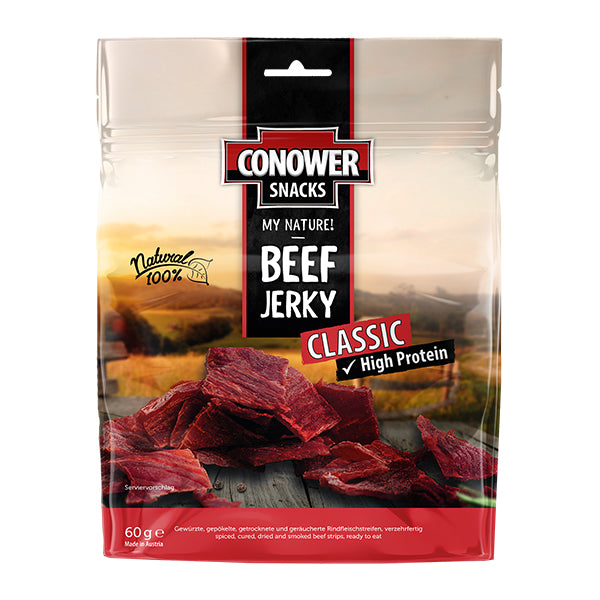 Würzige luftgetrockneten Jerky-Fleischsnacks aus premium Rindfleischstreifen. Reich an Proteinen, 100% Natural.
