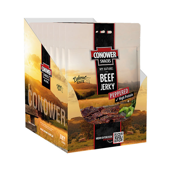 1 Karton mit Conower Beef Jerky Peppered 60g Packungen