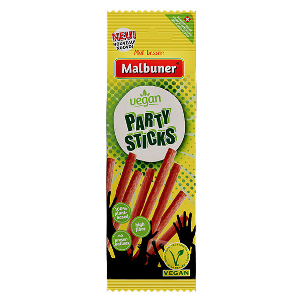 Malbuner Party Sticks Vegan 100% pflanzlich, reich an Ballaststoffen und ohne Konservierungsstoffe. Gekennzeichnet mit dem Europäischen V-Label. 