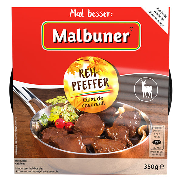 Malbuner Reh-Pfeffer, traditionell marinierte Rehfleischwürfel in einer würzigen Rotwein / Pilz Sauce